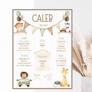 Personalisiertes Geburtstagsposter, Boho, Safari, Dschungel, Boho, Tiere, Giraffe, Zebra, Löwe, Tiger, Einjähriger, Party, neutral, beige, weiß