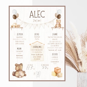 Personalized first birthday poster, Boho, Teddy, boho, animals, teddy bear, one year old, party, neutral, beige, white, brown