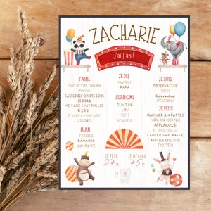 Personalized first birthday poster, Circus, Carnival, Boho, boho, animals, panda, neutral, red, beige, one year, party