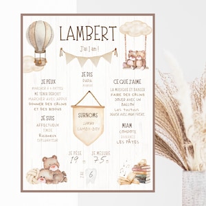 Personalized first birthday poster, Boho, boho, teddy bear, hot air balloon, neutral, beige, twins, cloud, one year old, party