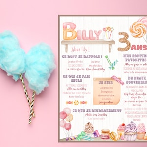 Personalisiertes Poster zum 3. Geburtstag, CANDY, Leckereien, Makronen, Cupcake, 3 Jahre alt, Party