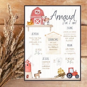 Affiche premier anniversaire personnalisée, À LA FERME, Boho, bohème, animaux, vache, tracteur, cheval, un an, fête