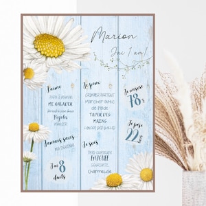 Personalized birthday poster, DAISY, flowers, wood, one year, party