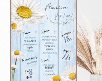 Cartel de cumpleaños personalizado, DAISY, flores, madera, un año, fiesta