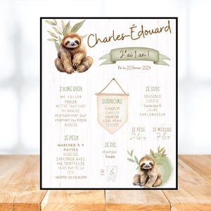 Personalized first birthday poster, sloth, animals, sage, jungle, one year, party