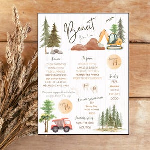 Personalized First Birthday Poster, Boho, Dump Truck, Forest, Construction, Neutral, Green, Beige, One Year, Party