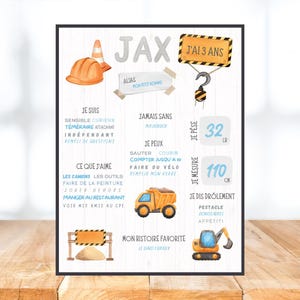 Affiche troisième anniversaire personnalisée, construction, camion, bricoleur, outils, chantier, jaune, un an, fête, premier anniversaire
