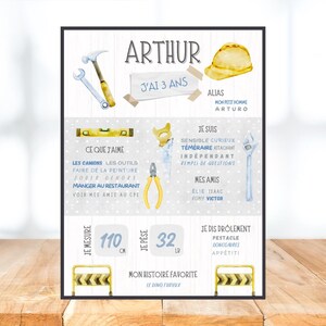 Personalized third birthday poster, construction, handyman, tools, construction site, blue, yellow, one year, party, first birthday