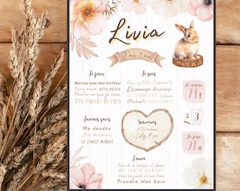 May include: A pink and brown illustrated poster with the name Livia and the text "J'ai 1 an" (I am 1 year old). The poster includes details about the child's development, such as their height, weight, and favourite activities.