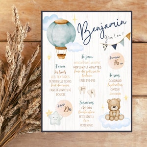 Personalized first birthday poster, Boho, boho, hot air balloon, cloud, teddy bear, neutral, blue, beige, one year old, party