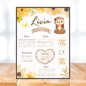 Poster personalizzato per il primo compleanno, bosco, riccio, neutro, bianco, beige, marrone, fiore, giallo, un anno, festa