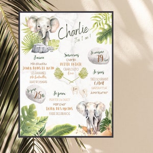 Personalized birthday poster ELEPHANT, jungle, safari, monstera, 1 year old, one year old, party