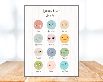 May include: A printable chart with colourful circles depicting different emotions in French. The chart includes the words "Les émotions" and "Je suis..." and lists the emotions: Triste, Heureux (se), Fier (tre), Impatient (e), [tonné (e), Content (e), Fache (e), Déçu (e), Tanné (e), Apeuré (e), Giné(e), Dans la lune.