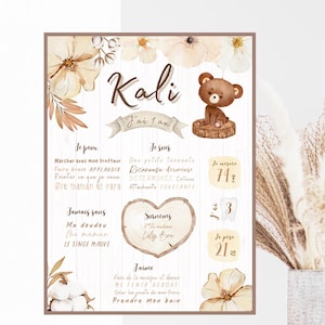 Affiche premier anniversaire personnalisée, Boho, bohème, ourson, neutre, blanc, beige, brun, fleur, un an, fête