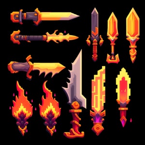 Fire Elemental 16-bit Pixel Weapons - 2d Game Asset