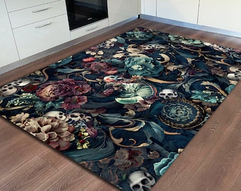 May include: A dark blue and green floral rug with gold accents and skull designs. The rug has a vintage, gothic aesthetic.