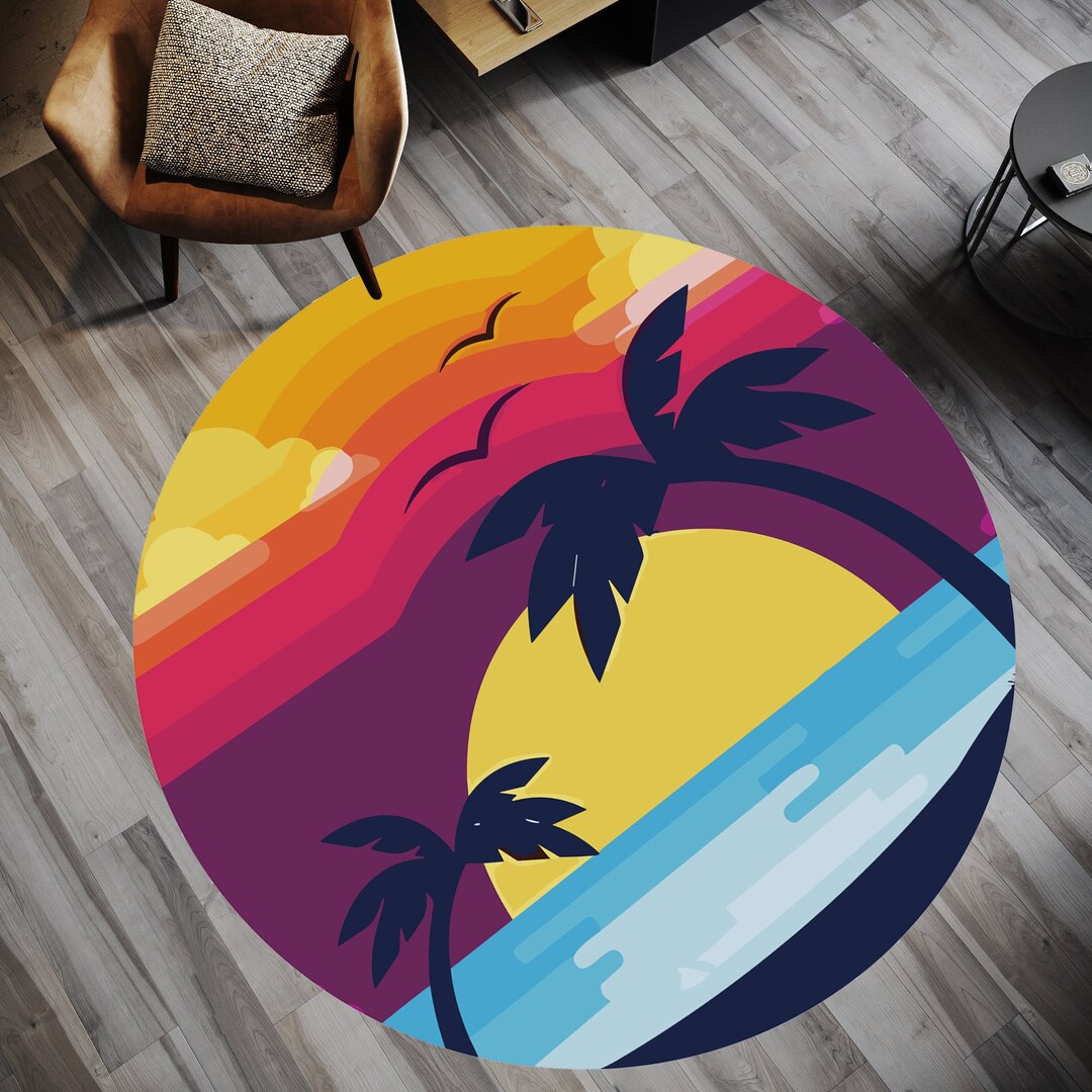 Sun Rug, Retro Sun Rug, Sunset Rug, Palm Tree Rug, Sea Rug, Living Room ...