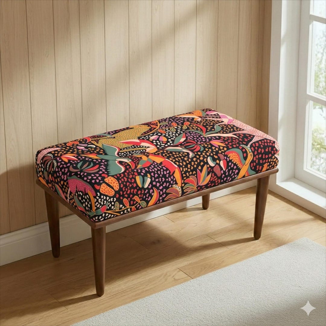 Exotic Bench Tropical Bird Upholstered Bench, Colorful Exotic Jungle Ottoman ...