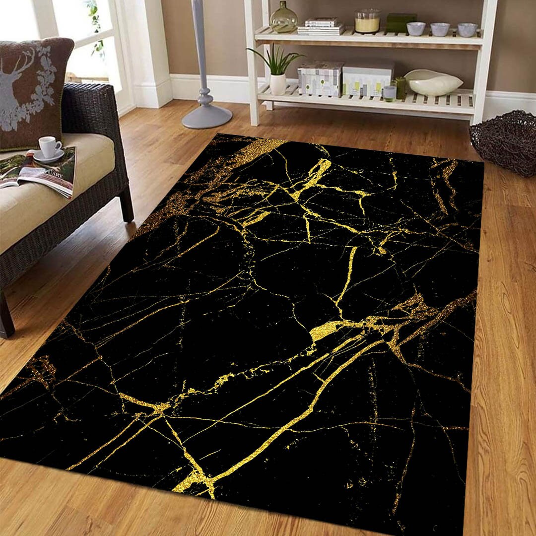 Black Marble Rug Black Gold Rug Gold Marble Rug Saloon Rug Etsy UK