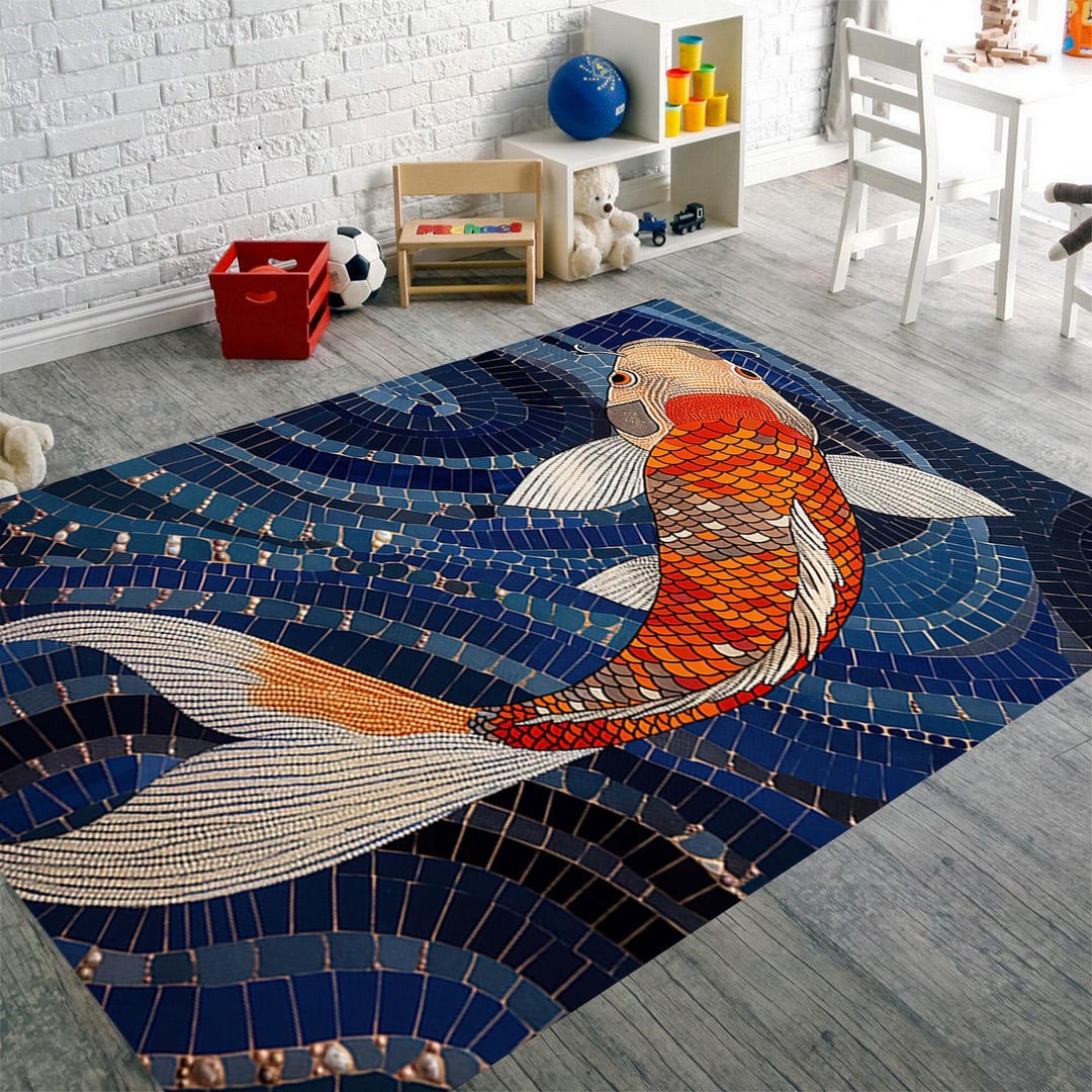 Mosaic Koi Fish Area Rug, Japanese Lucky Carp Floor Decor, Blue Mosaic ...