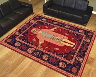 May include: A red, blue, and white patterned rug with a man in a pink robe and white shorts standing on it. The man is surrounded by various objects, including scissors, bottles, and a bowling ball.