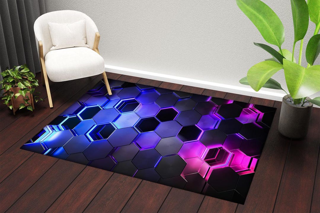 3D Neon Hexagon Rug: Futuristic Gamer Room Carpet, - Etsy
