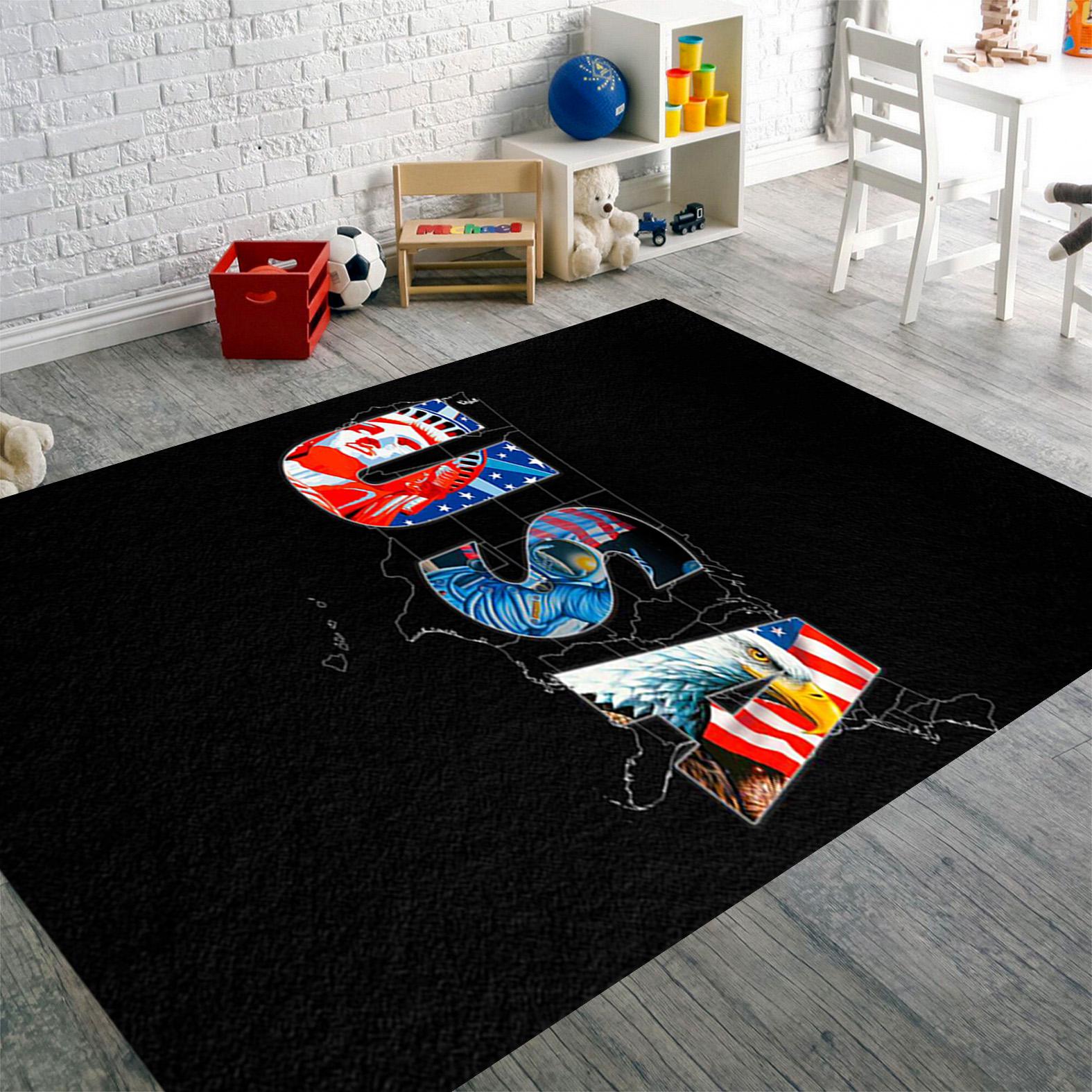 Minimalist USA Map Area Rug, Statue of Liberty Typography Carpet ...