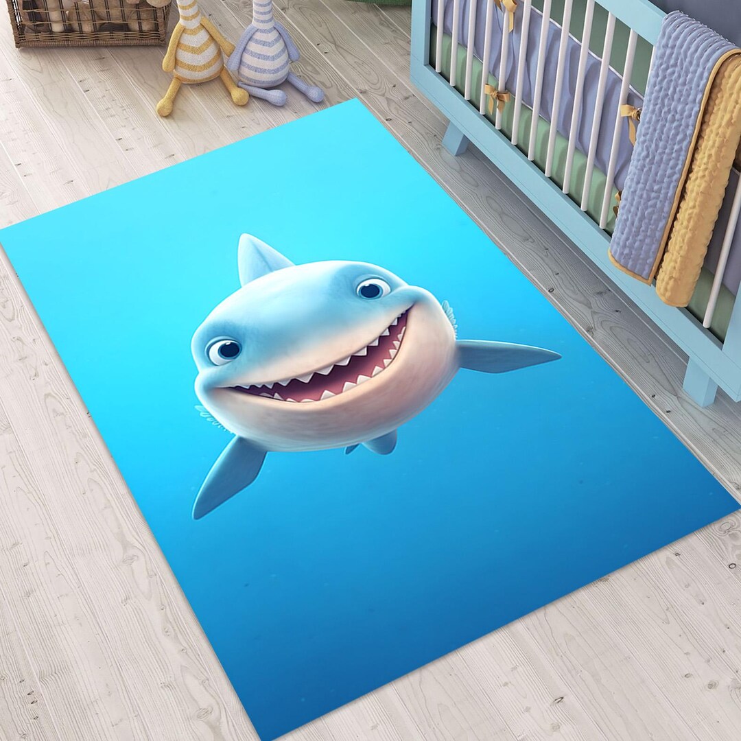 Cute Shark Nursery Rug, Shark Theme Kids Room Carpet, Ocean Blue Baby ...