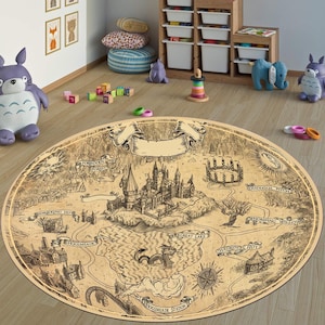 Wizardry Round Rug, Witchcraft School Map Carpet, Magic Kids Play Mat