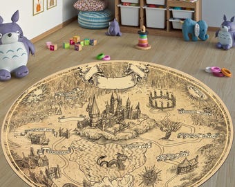 Wizardry Round Rug, Witchcraft School Map Carpet, Magic Kids Play Mat
