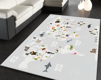 Wereldkaart kinderkleed: katoenen speelkleed, dierendecoratie