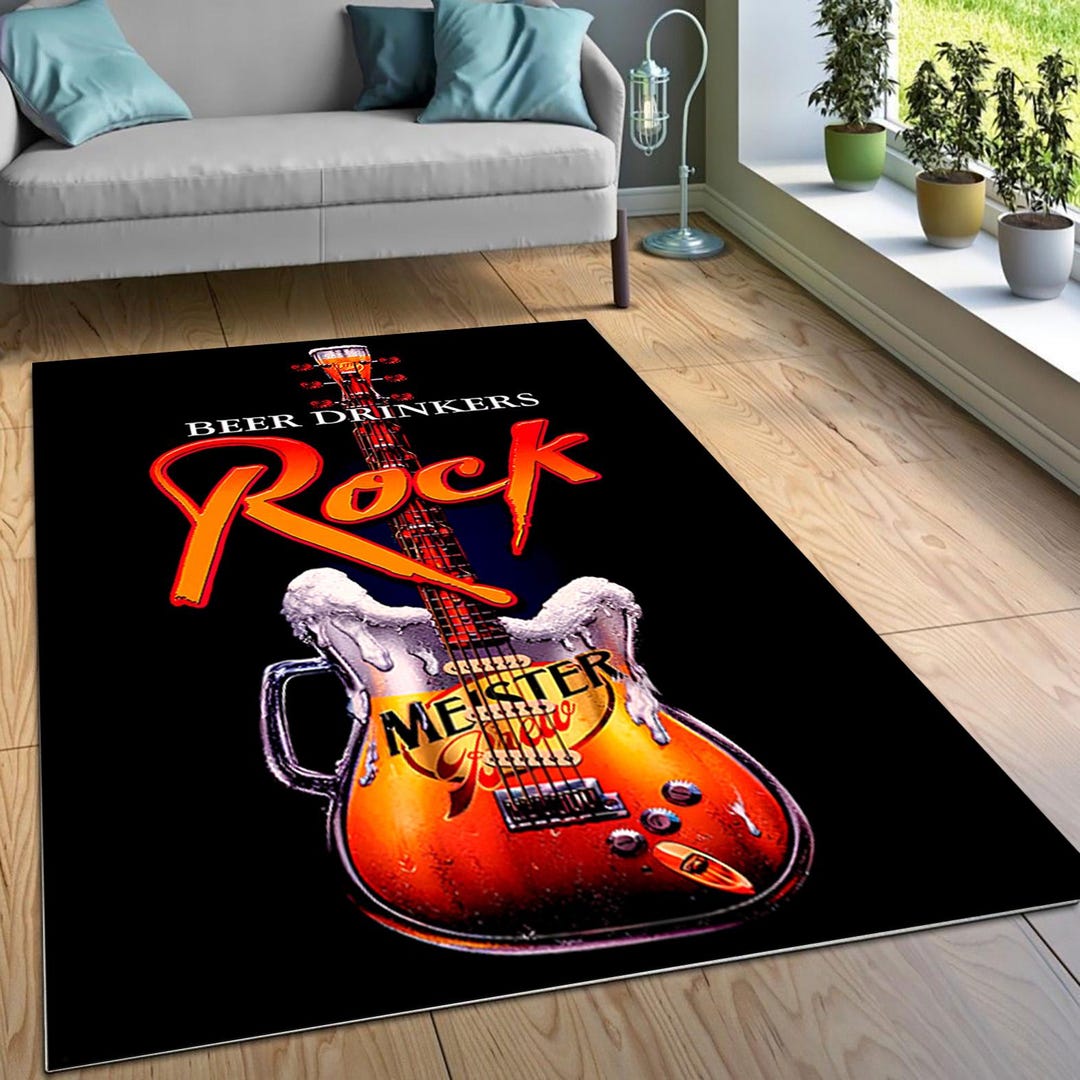Rock Design Rug Rock and Roll Area Rug, Winged Skull and Guitars Floor Decor, Heavy ...