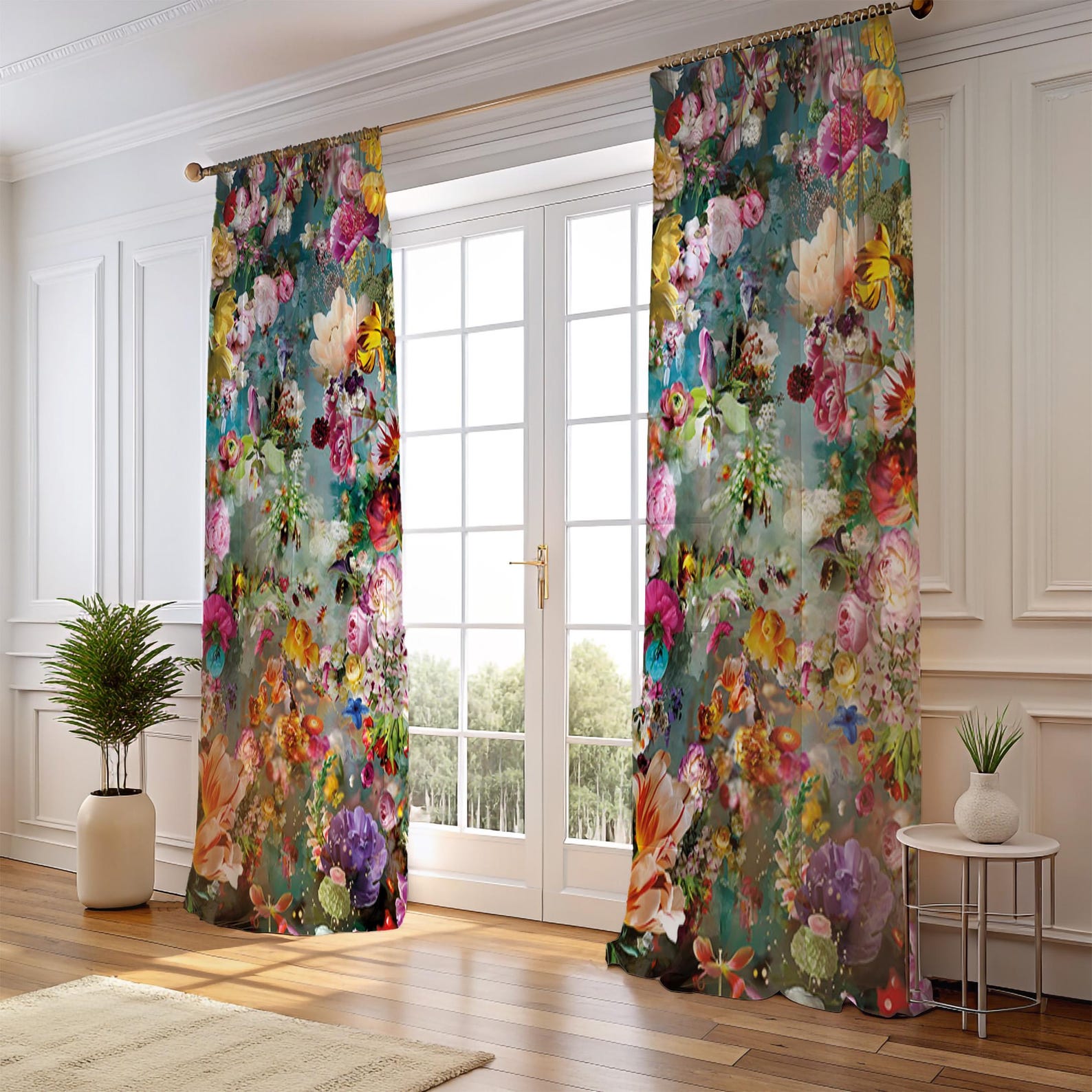 Floral Print Curtains, Vintage Garden Flower Drapes, Botanical Window