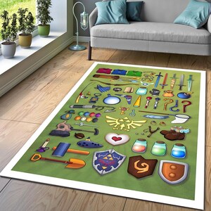 Zelda Rug, Zelda items Rug, Game Rug,Game Room Decor, Game Room Rug, Video Game Carpet, Player Arcade Rug, Retro Game Rug