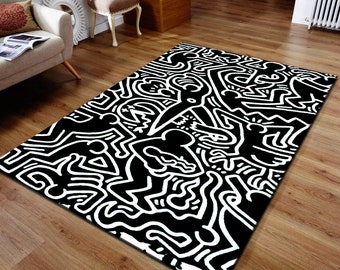 Famous Art Rug, Graffiti Style Black and White Accent Rug, Modern Saloon Decor,