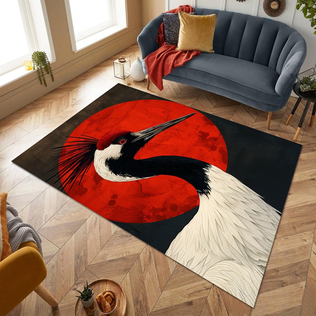 Japanese Crane Area Rug, Red Sun Asian Zen Carpet, Traditional Oriental ...