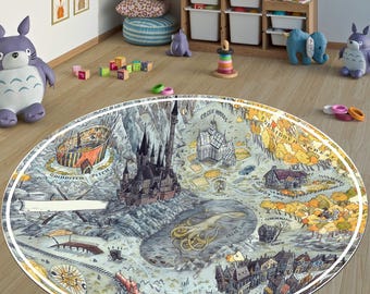 Wizarding School Map Rug, Round Nursery Play Mat, Wizardry themed Kids Carpet