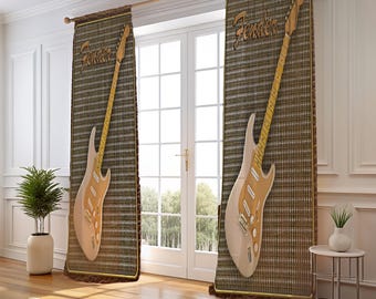 Vintage Electric Guitar Window Curtains, Classic Amp Texture Home Drapes, Musician Gift for Studio Curtains, Living Room Curtains