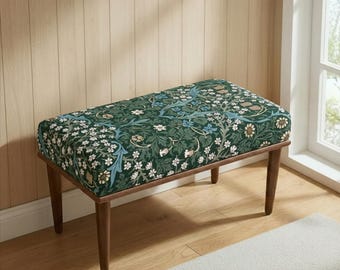 Arts and Crafts Movement Upholstered Bench, Elegant Green Botanical Ottoman, Mid-Century Modern Wood Leg Seat, Traditional Floral Statement