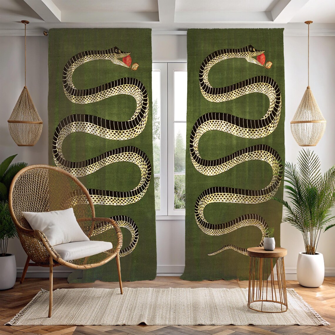 Snake Window Display Green Snake Illustration Window Curtains, Minimalist Serpent Graphic ...