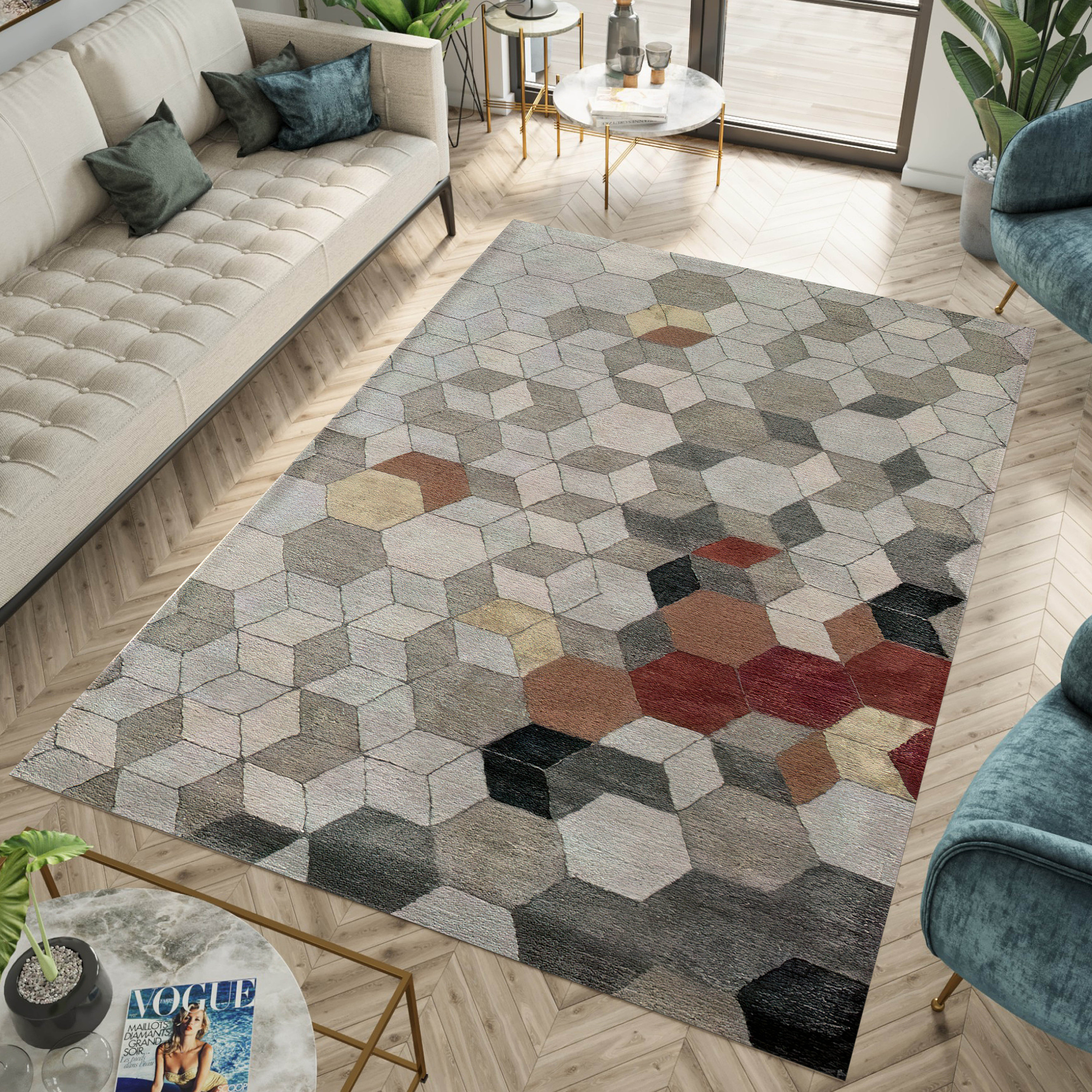 Hexagon Geometric Multicolor Colored Printed Accent Rug with Non-Slip Back, 2x4, Sold by at Home