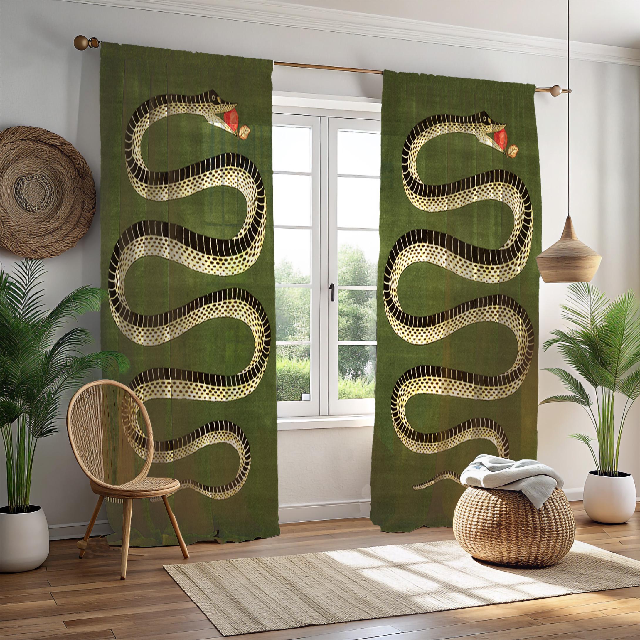Curtians Graphics Green Snake Illustration Window Curtains, Minimalist Serpent Graphic ...