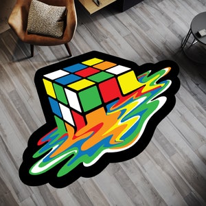 Rubik&#39;s Cube Rug, 3D Feel Melting Rubiks Cube Rug, Funny Design Rug, Colorful Carpet, Gamer Gift, Kids Room Decor, Game Room Decor