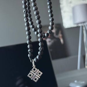 Lava Stone Beaded Necklace with silver Slavic symbol 60cm Unisex Natural Volcanic Rock Jewelry with Geometric Pendant | Gift for Him or Her