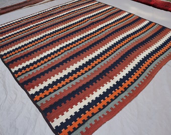 7x7 Antique Square Kilim Rug - 6'4x7 ft Afghan Handmade Wool Area Rug - Gabbeh Striped design Flatweave Boho Turkmen Tribal Red Orange Rug