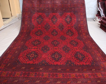 Alfombra vintage geométrica grande de 6x8 - Alfombra de lana de pelo alto de diseño caucásico afgano - Alfombra roja auténtica hecha a mano, Alfombra turcomana oriental, Alfombra de dormitorio