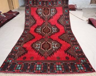Alfombra de área geométrica vintage 4x6 - Alfombra oriental de lana anudada a mano afgana - Alfombra tribal turcomana antigua - Alfombra baluchi roja marrón - Alfombra de dormitorio