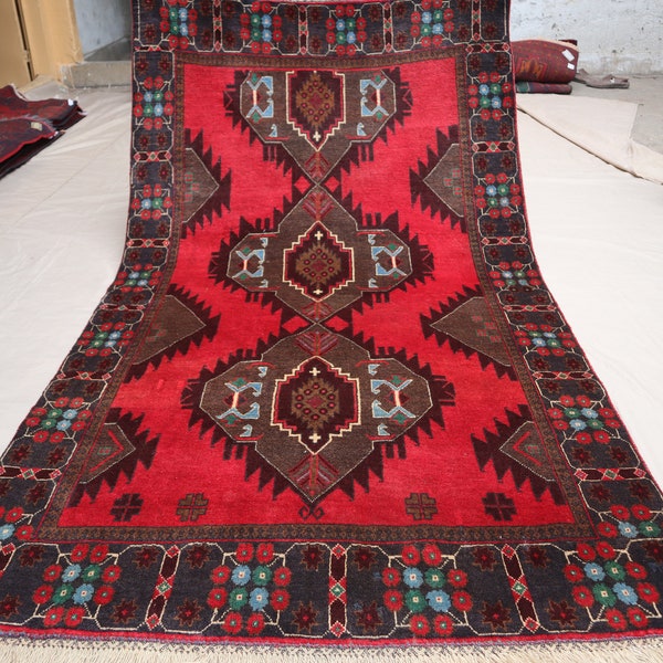 4x6 Vintage Geometric Area Rug - Afghan Hand Knotted Wool Oriental Rug - Antique Turkmen Tribal Rug - Brown Red Baluchi Rug - Bedroom Carpet