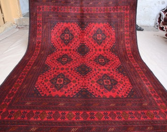 Alfombra vintage geométrica grande 5x7 - Alfombra de lana de pelo alto de diseño caucásico afgano - Auténtica alfombra roja hecha a mano, Alfombra turcomana oriental, Alfombra de dormitorio
