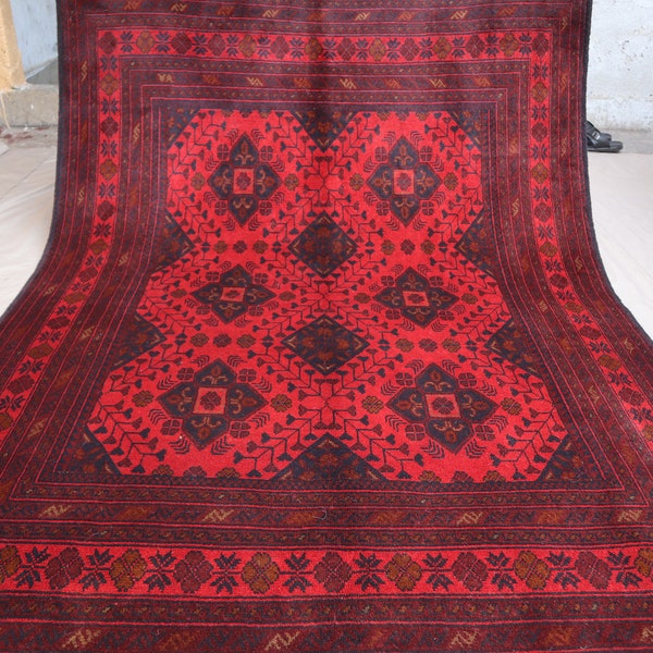 5x7 Large Geometric Vintage Rug - Afghan Caucasian design High Pile Wool Rug - Authentic Handmade Red Rug, Oriental Turkmen Rug, Bedroom Rug